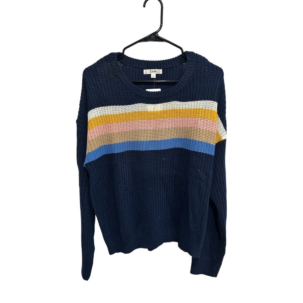 E & M Crew Neck Pullover Sweater Navy Sz Large Long Sleeve Rainbow Stripes NWT